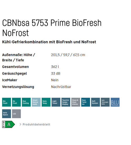LIEBHERR利勃海尔CBNbsa 5753 Prime双门独立式冰箱 无霜 生物养鲜